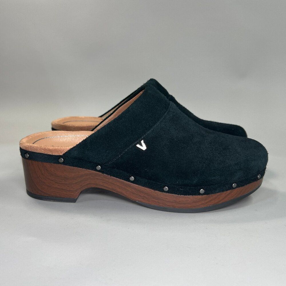 Vionic Black Suede Clog Mules with Wood-Effect Platform